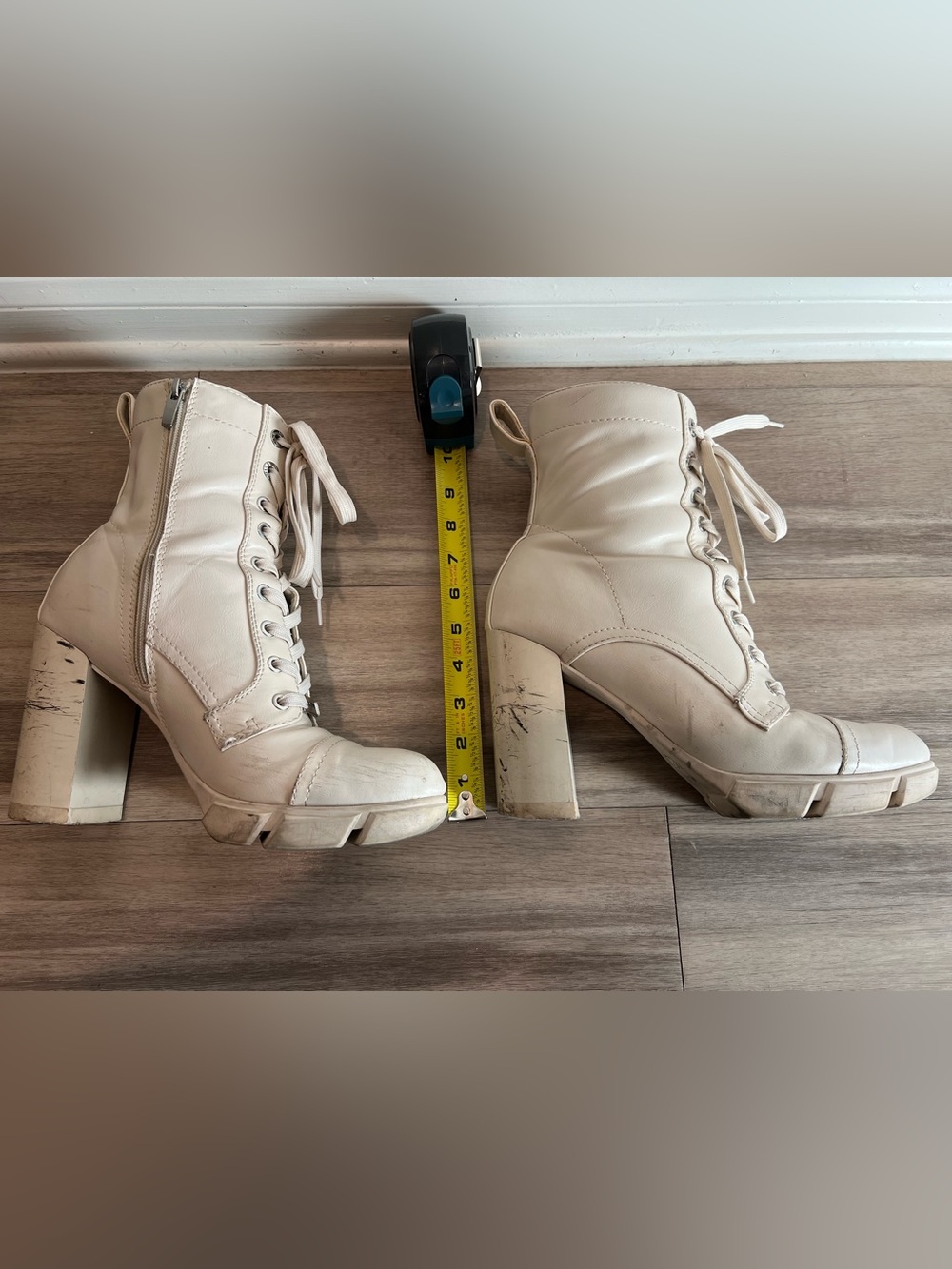 Nine West Cream Lace-Up Block Heel Ankle Boots